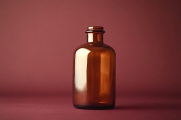 Fototapeta premium Empty amber apothecary bottle with reflections standing on a burgundy background, creating a minimalist and elegant composition ideal for pharmaceutical, wellness, or beauty-related themes