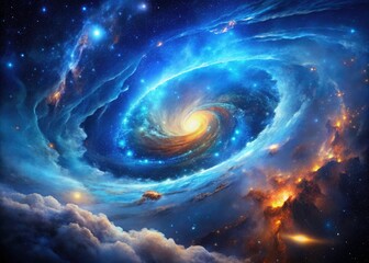 Drone's eye view: a stunning blue nebula explodes with cosmic dust, a galactic masterpiece.