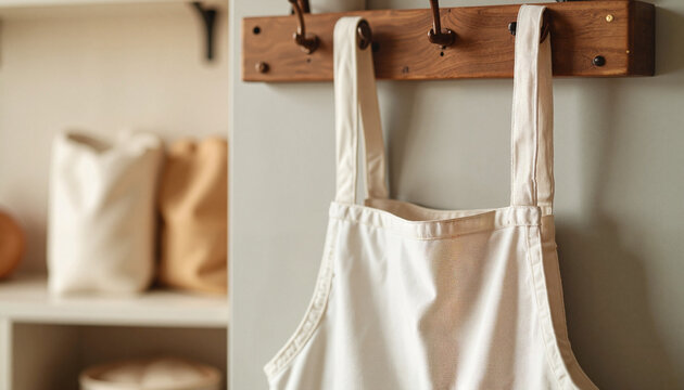 Plain apron hanging in cozy bakery environment, culinary simplicity