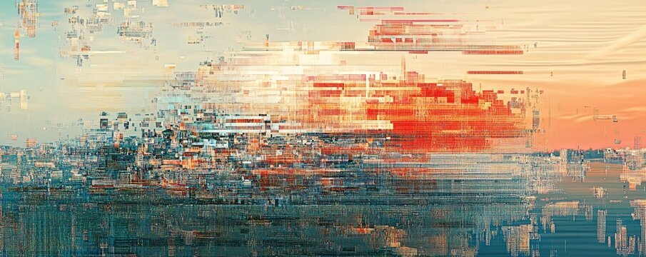 Abstract glitched landscape painting showing digital distortion effect