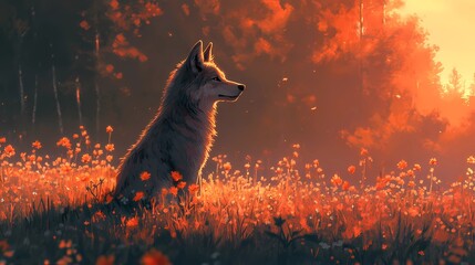 Majestic wolf , reflecting its wild spirit and serene surroundings, style book illustration

