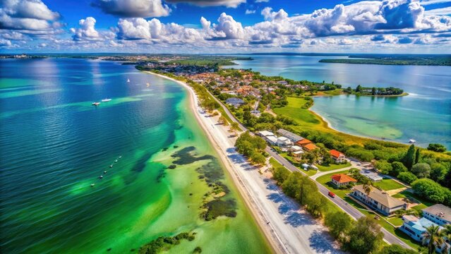 Drone's-eye view of Cortez Beach, Bradenton, Florida: stunning coastal landscape panorama.