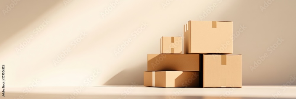 Aufkleber Sunlight illuminates stacked cardboard boxes of varying sizes, creating a warm and inviting atmosphere perfect for representing concepts related to shipping, storage, and online retail