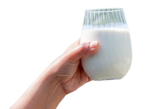 Mother hand holding a glasses of fresh organic white milk and soft sunlight in the morning, healthy lifestyle daily concept, isolated on transparent background, PNG File