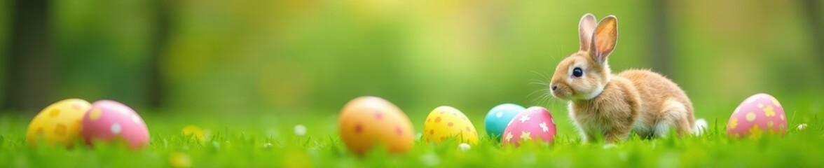 Fototapeta premium Adorable little bunny sitting on a patch of green grass with colorful Easter eggs surrounding it, small creature, bunny