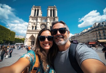 A man and woman are smiling for the camera in front of a large cathedral. The man is wearing a backpack and sunglasses, while the woman is wearing a floral dress. The scene is lively and cheerful