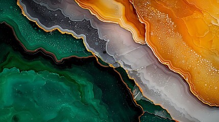 Abstract art with green, grey, orange and gold swirls.