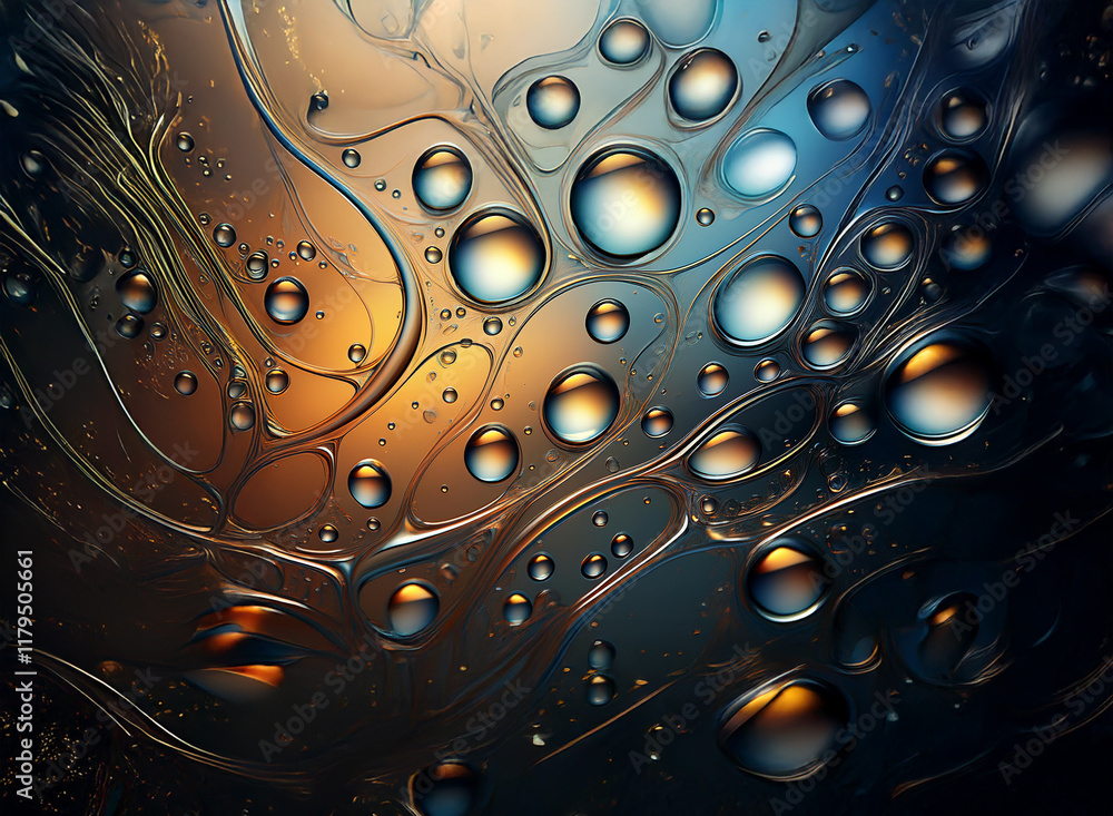 Aufkleber abstract image of swirling, colorful liquids with varying sized water droplets. the interplay of lig