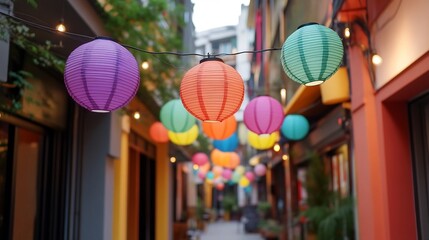 Vibrant Hanging Lanterns Illuminating a Charming Urban Alleyway