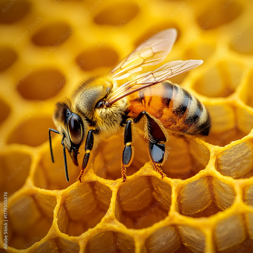 Aufkleber macro shot of a honeybee on honeycomb with intricate details