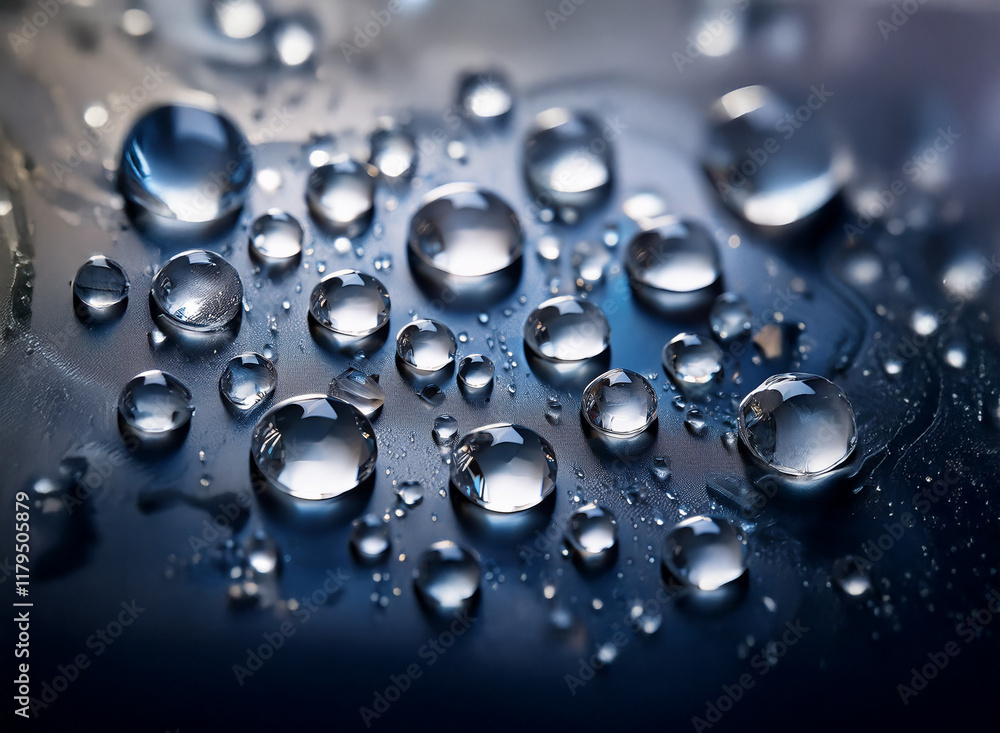 Leinwandbilder Close-up view of water droplets on a dark, reflective surface.  The droplets vary in size and create a dynamic, abstract pattern.  High contrast and sharp focus highlight the glistening texture.