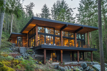 Modern forest lodge with wood and glass architecture in nature