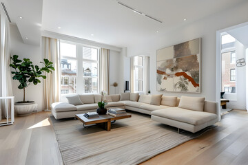 Modern Living Room with Open Floor Plan Featuring Minimalistic Design and Natural Light