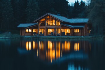 Fototapeta premium A serene lakefront cabin with large windows, timber architecture, and soft light reflecting on the water