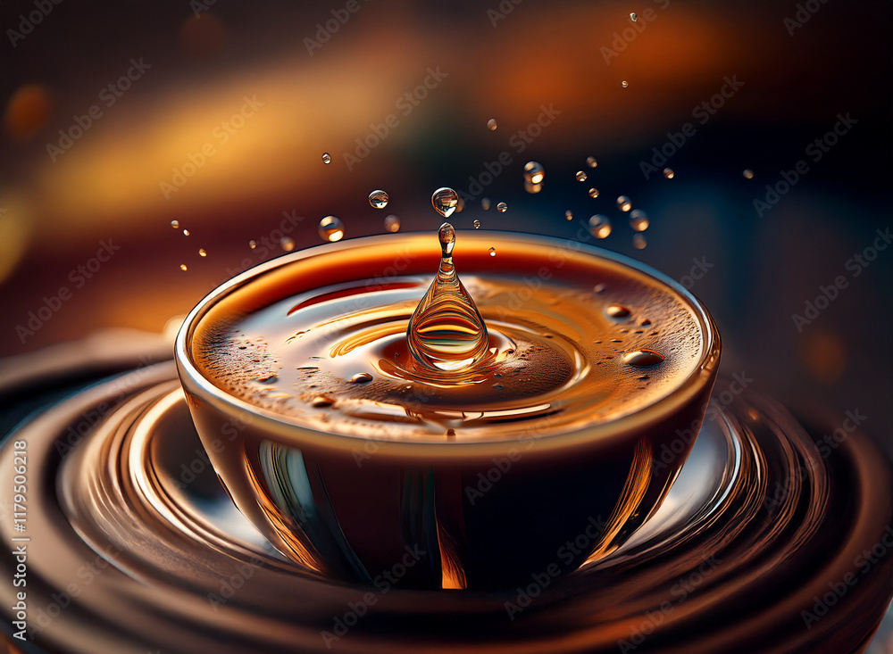 Poster a single drop of liquid falls into a small cup of dark brown coffee, creating concentric ripples and