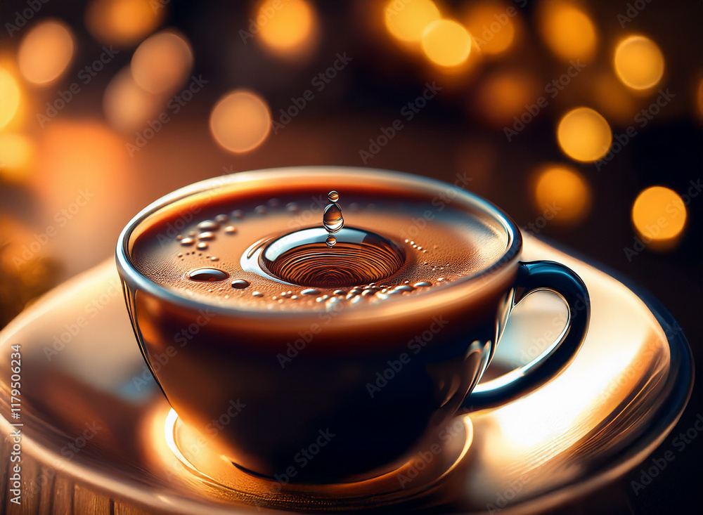 Aufkleber close-up of a dark liquid in a glass cup on a saucer. a single drop falls, creating ripples. warm, b