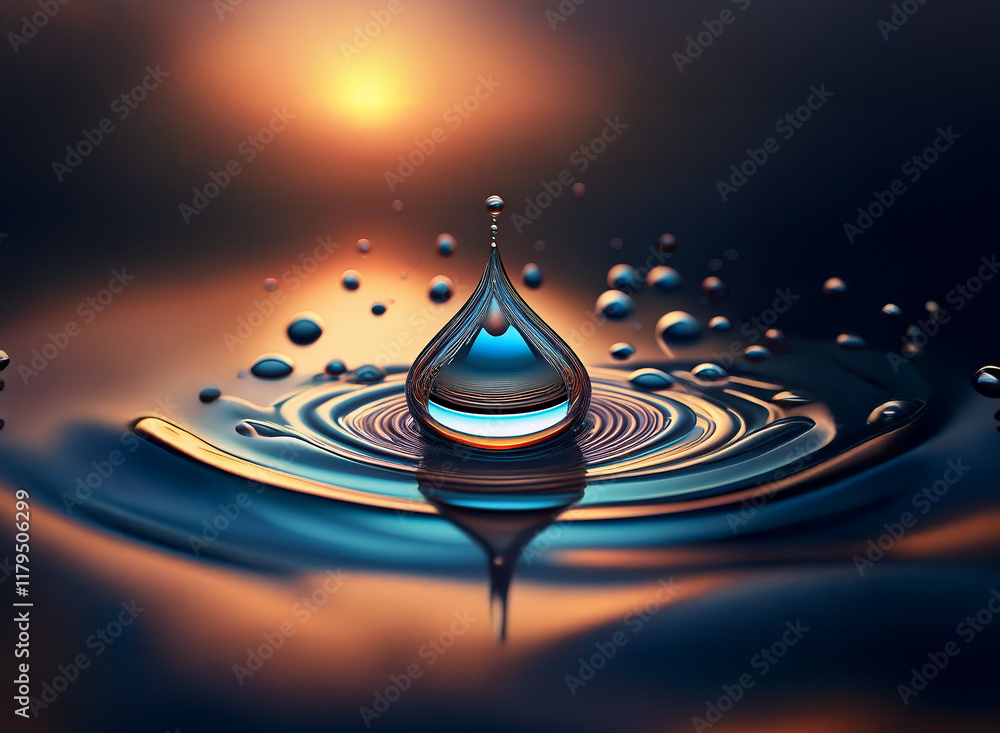 Poster a single, luminous water droplet hangs poised above a dark, reflective surface, creating concentric 