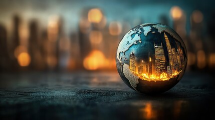 Burning Cityscape Globe: A Digital Depiction of Urban Catastrophe and Environmental Crisis