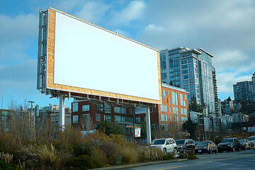 Large Blank Billboard in Urban Setting: Modern Cityscape Background