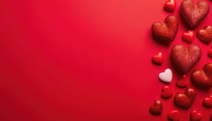 Valentine's day romantic background with Red hearts on red background, copy space