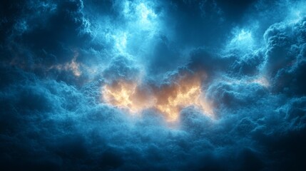 Fototapeta premium Blue storm clouds with fiery light in the center. Generative AI