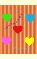Five Colorful Hearts on orange Striped Backgrounds 