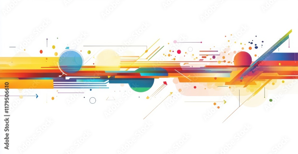Poster a colorful line with many shapes and circles. the line is very long and has many different colors