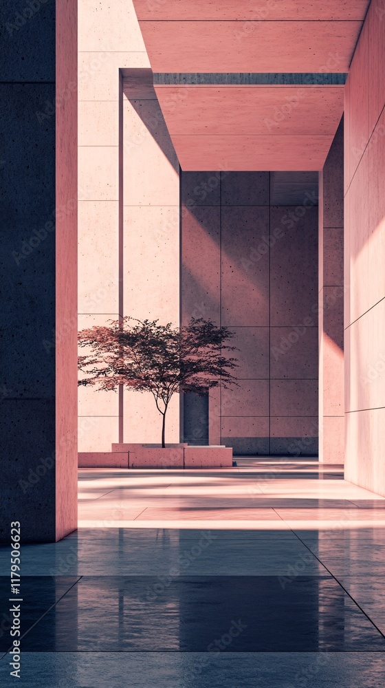 Poster Modern minimalist architecture with solitary tree and geometric lines