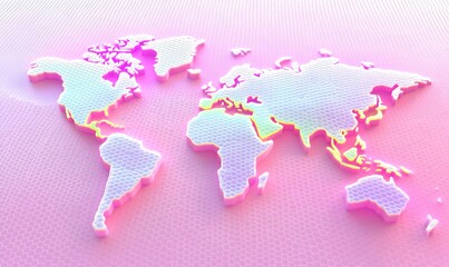 Pastel iridescent 3D world map on pink textured background.