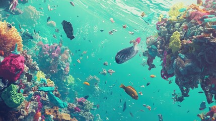 Fototapeta premium Plastic debris floating in turquoise water above coral reefs, with fish and marine life struggling to adapt