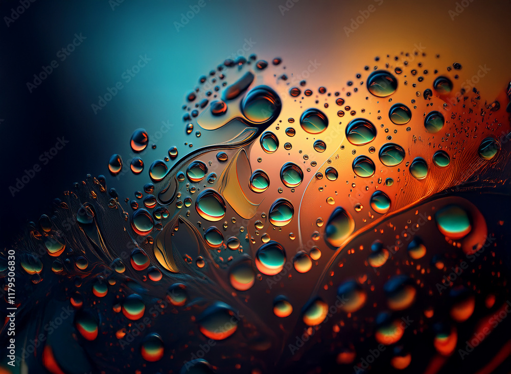 Poster abstract image of water droplets on a dark, richly colored surface, creating a flower-like pattern. 