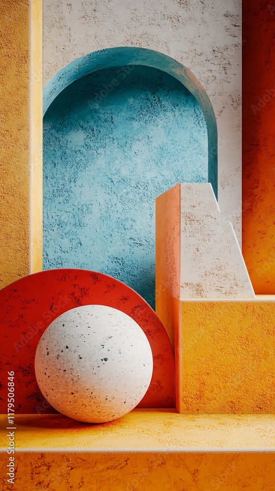 Aufkleber White sphere resting on colorful abstract architectural structure