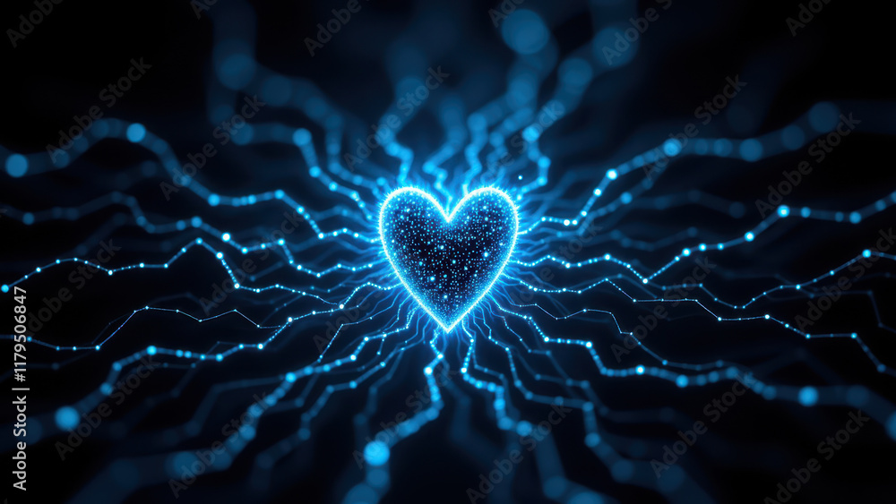 Poster an abstract blue heart surrounded by a network of glowing lines on a dark background.