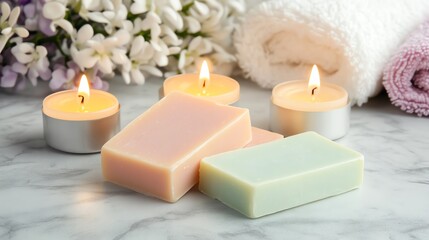 A serene spa setting with colorful soaps, candles, and flowers creating a relaxing atmosphere.