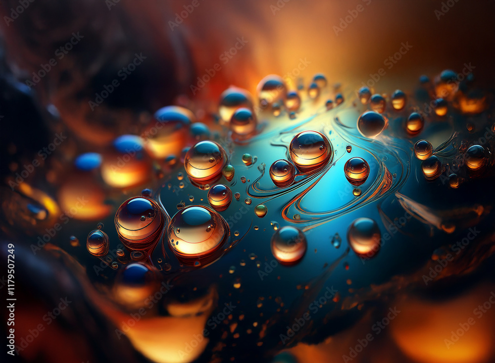 Aufkleber a mesmerizing close-up of water droplets on a dark, reflective surface. vibrant oranges and blues sw