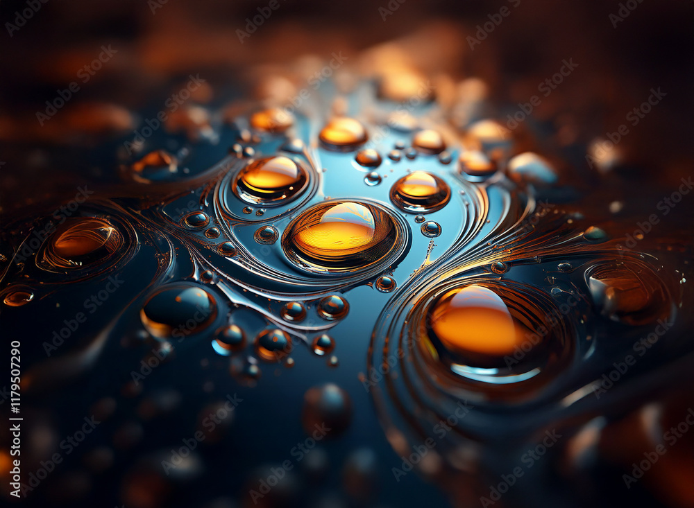 Poster macro photograph of water droplets on a dark, reflective surface. intricate patterns are formed by t