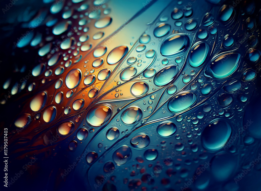 Fototapete Close-up view of water droplets on a translucent surface, creating abstract patterns with vibrant blue, orange, and brown hues. The light plays beautifully, highlighting the droplets' roundness and re