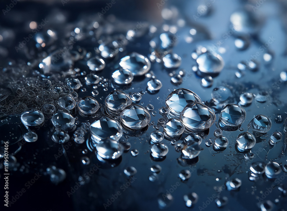Poster close-up view of numerous water droplets on a dark, reflective surface. the droplets vary in size an