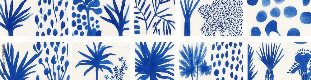 Poster a series of blue and white images of trees and plants. the images are all different sizes and shapes