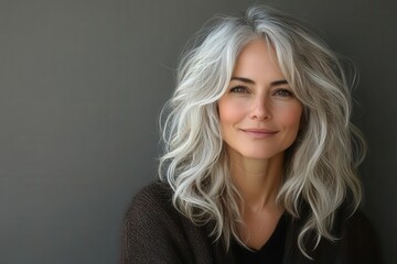 Fototapeta premium elegant professional portrait of confident middle-aged woman with natural silver hair and genuine smile against neutral studio background