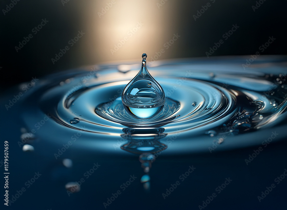 Aufkleber a single water drop creates concentric ripples on a dark blue surface, illuminated by a soft, warm l