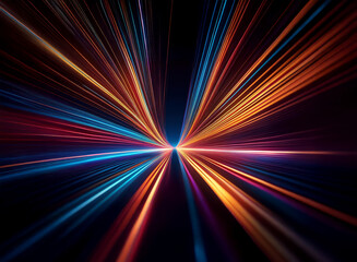Abstract image of vibrant, radiating light streaks in orange, red, blue, and purple, creating a dynamic, fast-moving effect against a black background.  The light trails converge at a central point, s