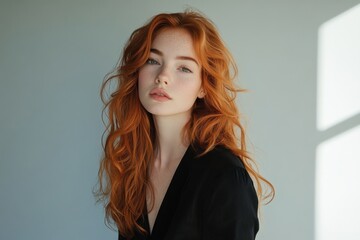 Young woman with red hair in black jumpsuit against pale blue background