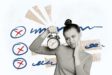 Creative collage young woman alarm bell ring time managememt project task accomplishment list...