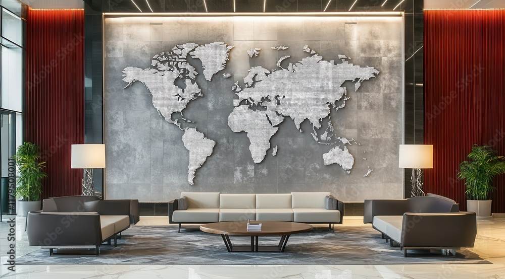 Aufkleber a large wall map of the world is displayed in a lobby. the room is furnished with a couch and two ch