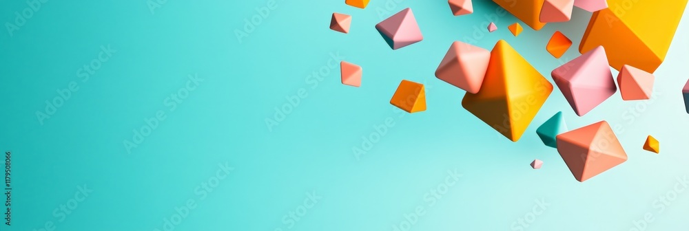Aufkleber Abstract composition featuring various colorful geometric shapes, including pyramids and octahedrons, levitating against a vibrant turquoise backdrop, creating a visually engaging and dynamic scene