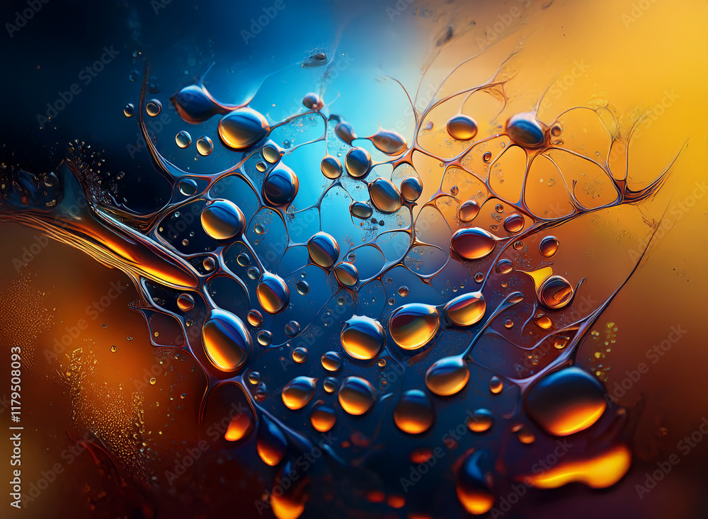Aufkleber abstract image of vibrant, interconnected oil droplets in blue and orange hues, resembling a complex