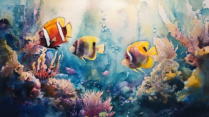 Fototapeta premium Fish and corals watercolor 