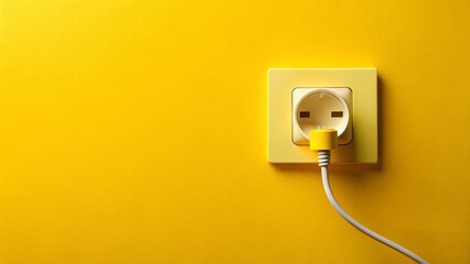 Electric Plug & Wall Socket on Yellow Wall - Power Connection Stock Photo