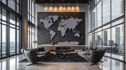 A large wall map of the world is the focal point of a modern living room. The room is furnished with black couches and chairs, and a coffee table is placed in the center. The space is well-lit